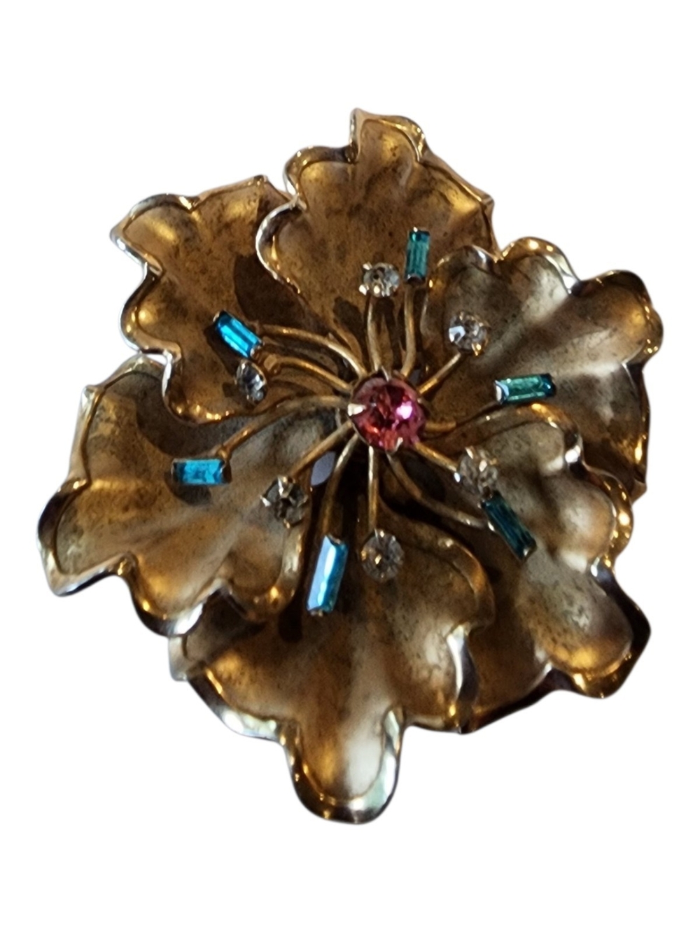 Vintage Gold-Tone Floral Brooch Pink & Teal Rhinestones 40s Buzbee